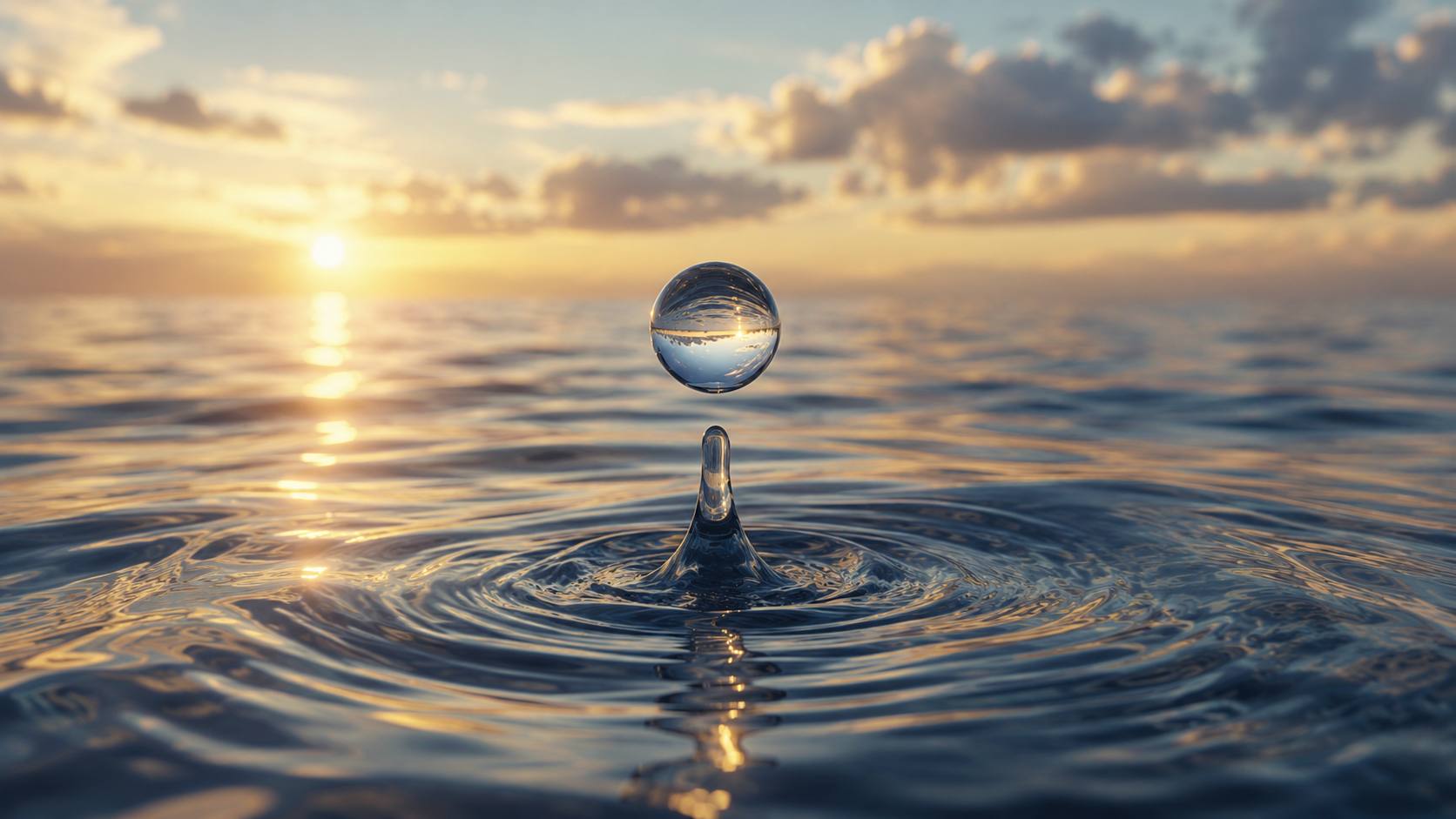 A single drop of water above a calm ocean at sunset