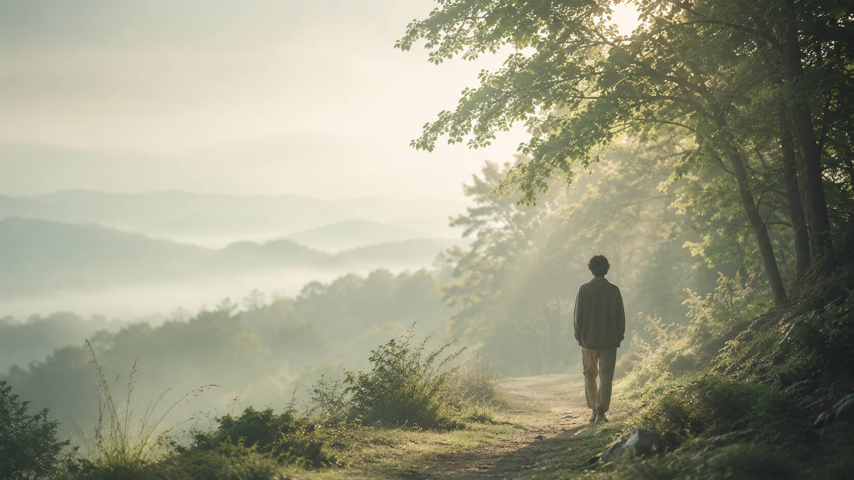 A person walking a misty hillside path at dawn