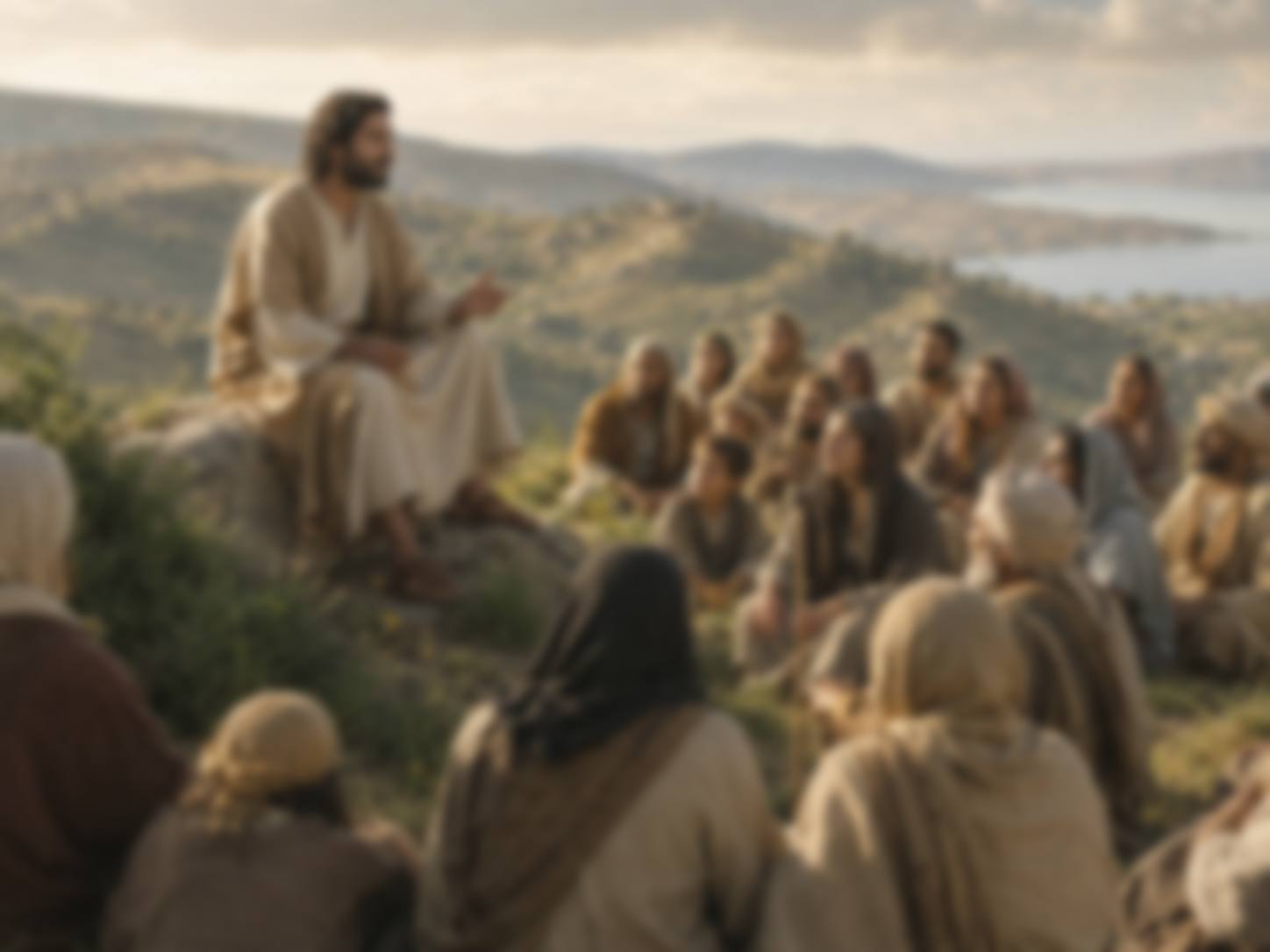A teacher seated on a hillside speaking with a gathered crowd above a lake