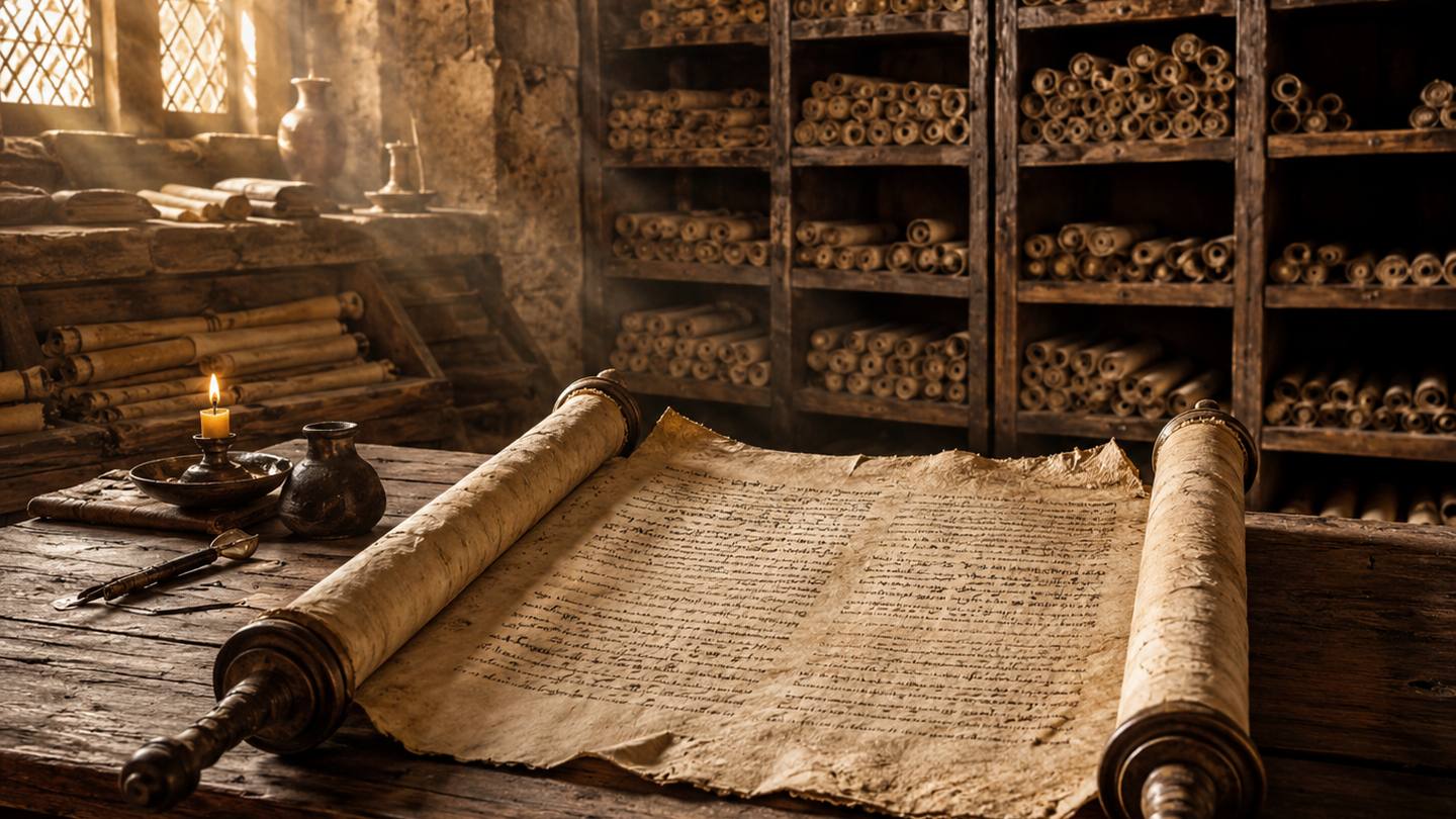 An ancient scroll unrolled on a table before shelves of scrolls